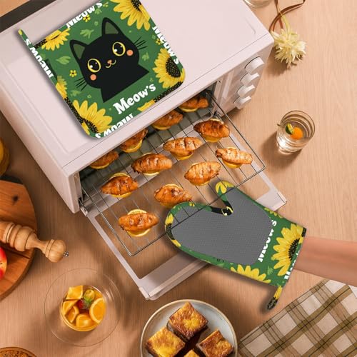 Black Cat Oven Mitts and Pot Holders Sets Cartoon Sunflower Silicone Heat Resistant Kitchen Oven Gloves Pot Holder for Cooking Baking Grilling BBQ - color: Black Cat