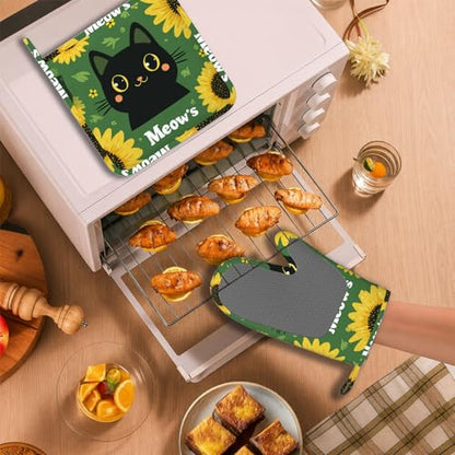 Black Cat Oven Mitts and Pot Holders Sets Cartoon Sunflower Silicone Heat Resistant Kitchen Oven Gloves Pot Holder for Cooking Baking Grilling BBQ - color: Black Cat