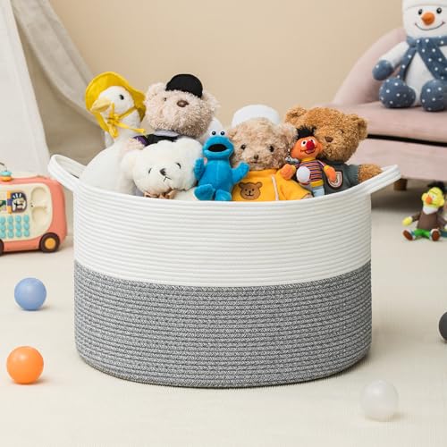 XXXLarge Woven Cotton Rope Basket (21.7" x 13.8") 90L – Blanket Basket for Living Room, Laundry Hamper, Baby Laundry Hamper, Toy Storage, Pillows & Cushions Organizer (White&Grey) - color: White&Grey