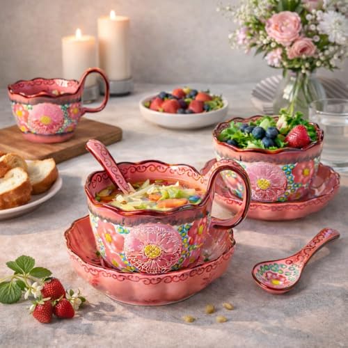 Soup Bowls with Handles, 3Pcs Ceramic Pink Plates and Bowls Sets with Cup, Spoon & Plate, Soup and Sandwich Plate Combo, Polish Pottery Mug for Breakfast, Snacks, Dessert, Dishwasher & Microwave Safe