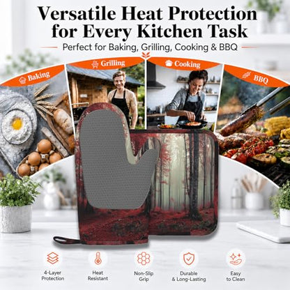 Forest Oven Mitts and Pot Holders Sets Red Trees Landscape Silicone Heat Resistant Kitchen Oven Gloves Pot Holder for Cooking Baking Grilling BBQ - color: Forest