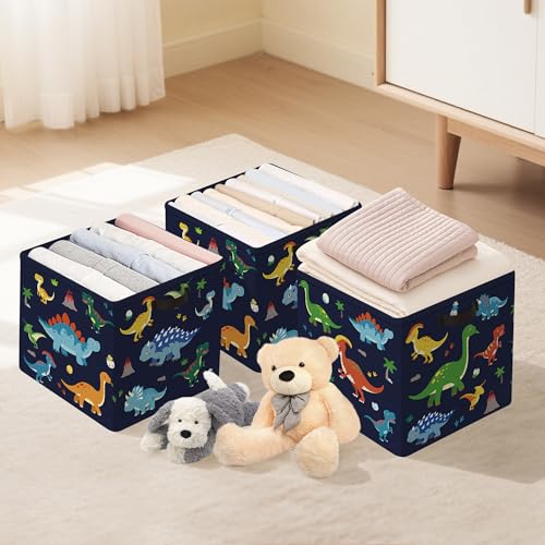 Clastyle 11.8" Dinosaur Storage Basket Set of 3 for Kid Boy Toy Clothes Bin | Collapsible Fabric Book Bin, Metal Frame Bottom Board, Cube Organizer, Closet Nursery Pantry Shelf Bedroom, Black Dino - color: Black