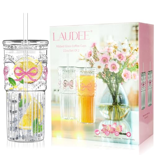 22 Oz Ribbed Glass Cups with Lids and Straws Set of 2, Glassware Set with Pink Bow Glass Tumbler Iced Coffee Cups, Ideal for Iced Coffee, Tea, Milk, Smoothie, Hot Drinks