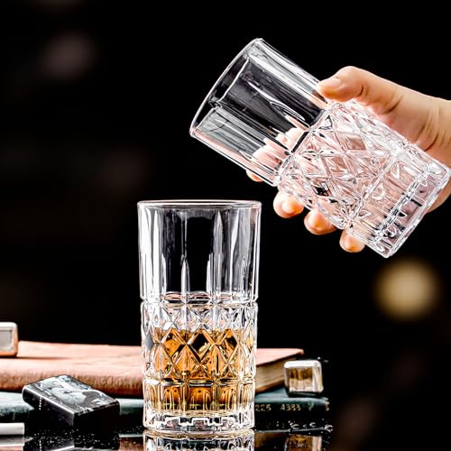 Tall Highball Glasses Set of 6, 14 Ounce Cups, Textured Designer Glassware for Drinking Water, Beer, or Soda, Trendy and Elegant Dishware, Dishwasher Safe - style: Style C