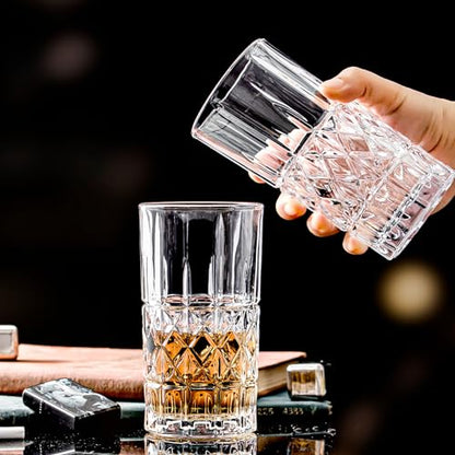 Tall Highball Glasses Set of 6, 14 Ounce Cups, Textured Designer Glassware for Drinking Water, Beer, or Soda, Trendy and Elegant Dishware, Dishwasher Safe - style: Style C