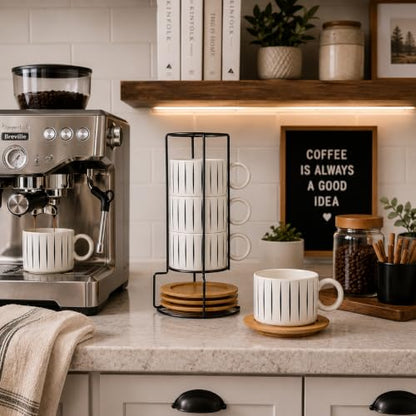 LUKA 6 Ounce Porcelain Stackable Espresso Cups with Saucers and Metal Stand Set of 4, Ceramic Cappuccino Cups Set for Specialty Coffee Drinks, Latte, Cafe Mocha and Tea, Stripes, White - color: Stripes