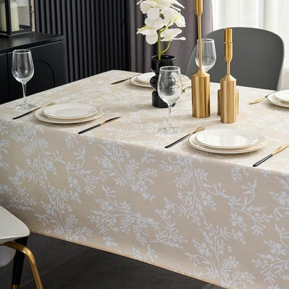 Pioggia Vinyl Tablecloth with Flannel Backing - Waterproof, Oil-Proof, Easy to Clean -Plastic Table Cloth - Perfect for Dining Tables, Kitchen Tables, Parties (Beige Leaves, 60×84 Inch Rectangular) - color: Beige Leaves, size: 84" x 60" (Rectangular)