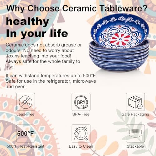 Yeacccng Bohemian Pasta Bowls Set of 6, 8.5 Inch 35 Oz Ceramic Serving Bowls, Blue Color Block Design, Lead-Free Cadmium-Free, Dishwasher Microwave Oven Safe, Scratch-Resistant Salad Soup Bowls - size: 8.5 inch pasta bowl (Blue*6)