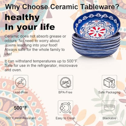 Yeacccng Bohemian Pasta Bowls Set of 6, 8.5 Inch 35 Oz Ceramic Serving Bowls, Blue Color Block Design, Lead-Free Cadmium-Free, Dishwasher Microwave Oven Safe, Scratch-Resistant Salad Soup Bowls - size: 8.5 inch pasta bowl (Blue*6)