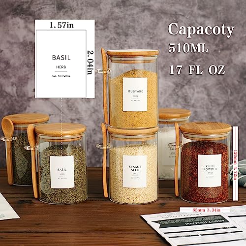 HHMJSM 6 Pcs Glass Jar with Bamboo Lid and Spoon - 17 oz Large Sugar Container with 148 Kitchen Pantry Spice Jar Labels Preprinted - Glass Containers with Wooden Lids Hold Coffee, Tea, Candy - color: 17oz