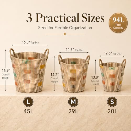Natural Seagrass Storage Baskets Set of 3 with Handles, Handwoven Decorative Nesting Bins for Blankets, Towels, Toys, Closet, Living Room