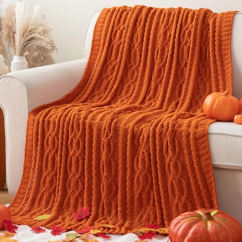 Battilo Burnt Orange Throw Blanket for Couch, 51" x 67" Cable Knit Blanket | Decorative Fall Throw Blanket Pumpkin Color Fall Decor, Soft Warm Cozy Chenille Knit Throw Blanket for Halloween Home Decor - color: Orange