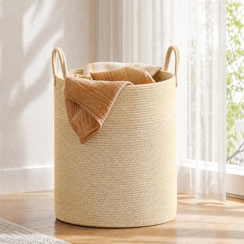 SONGMICS HOME Large Laundry Hamper, Tall Woven Rope Storage Basket for Blanket, Toys, Dirty Clothes in Living Room, Bathroom, Bedroom, Yellowish Brown, 50 L/13.2 Gal - color: Brown, size: 50 L