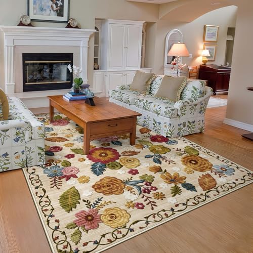 Washable 5x8 Area Rug, Beige Boho Floral Non-Slip for Living Room, Bedroom | Soft Low-Pile Faux Wool Indoor Farmhouse Carpet for Nursery, Dining Room, Kid & Pet Friendly, Stain, Fade & Wear Resistant - color: Beige, Cream, Mustard, Brick Red and Blue, siz