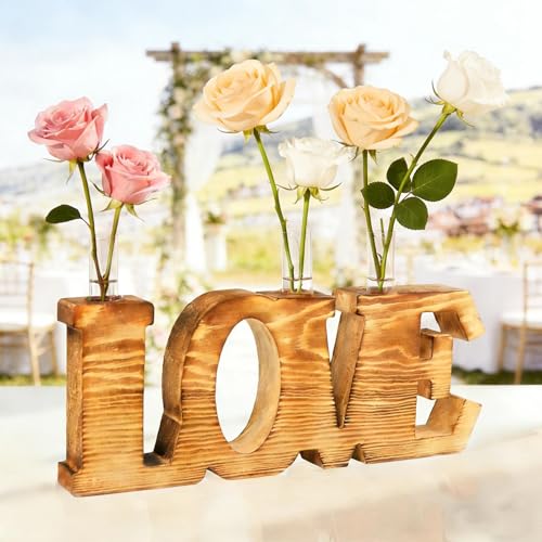 Wooden Love Letter Sign Wedding, Anniversary Party & Home Decor | Plant Propagation Stations with Glass Test Tubes, Wall Hanging &Tabletop Flower Vase for Birthday Proposal Decoration - color: Love