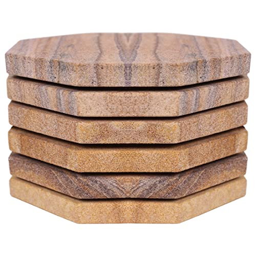 Sandstone Water Absorbent Hand Crafted Octagon Coasters for Drinks- Set of 6-4 inches Wide Thirsty Stone bar/Drink Coasters Made from Real Solid Stone (Without Holder, Set of 6) - style: Design 4