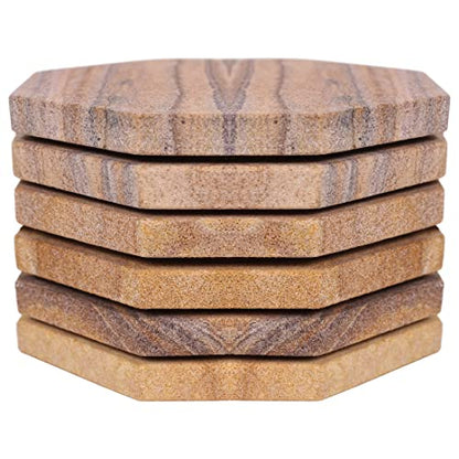 Sandstone Water Absorbent Hand Crafted Octagon Coasters for Drinks- Set of 6-4 inches Wide Thirsty Stone bar/Drink Coasters Made from Real Solid Stone (Without Holder, Set of 6) - style: Design 4