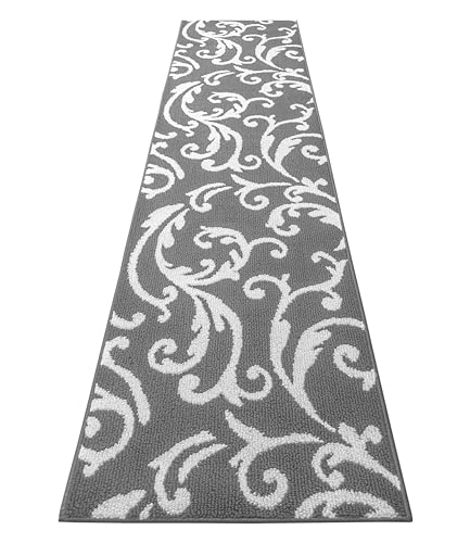 Hallway Runner Rug Non Slip Rubber Backing, 26 inch x 12 ft, Scroll, Grey & White, Heavy Duty Berber Style Carpet Runner for Entryway, Kitchen, Bathroom, Bedroom, Laundry Room. - color: Scroll Grey, size: 12 Foot Long Runner Rug