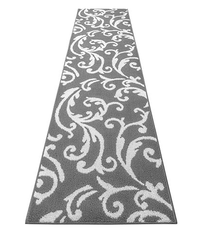 Hallway Runner Rug Non Slip Rubber Backing, 26 inch x 12 ft, Scroll, Grey & White, Heavy Duty Berber Style Carpet Runner for Entryway, Kitchen, Bathroom, Bedroom, Laundry Room. - color: Scroll Grey, size: 12 Foot Long Runner Rug