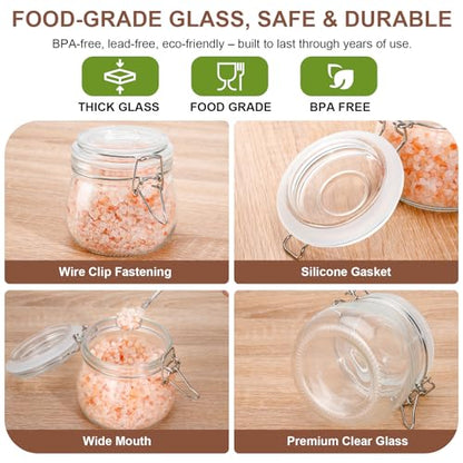 17oz Airtight Glass Jars, 6 Pack Clamp Lid Canisters, Small Food Storage Containers for Spices, Nuts, Snacks, Canning Jar for Jams & Pickling, Pantry Organization - size: 17 fl oz x 6 - Round
