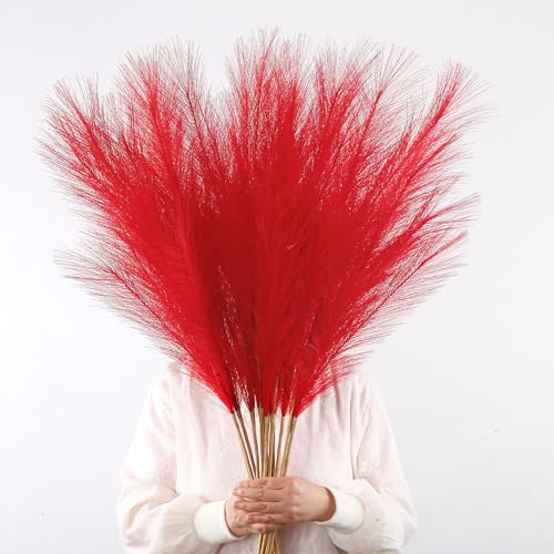 12 Pcs Red Faux Pampas Grass Decor 38"/3.1FT Tall | Fake Pompas Floral, Large Artificial Pompous Grass Branches, For Floor Vase Filler, Home Boho Decoration - color: Red