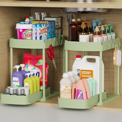 2 Packs Under Sink Pull-Out Storage Organizers, 12.8 Inches, Green | Multi-Purpose Cabinet Organizers and Storage for Bathroom & Kitchen - color: Green, size: 12.8 Inch