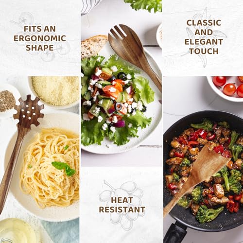 Wooden Kitchen Utensil Set,10 Piece Natural Teak with Spoon Rest & Hooks | Wooden Cooking Utensils with Comfort Grip, Smooth Durable Heat Resistant Cooking Spoons and Utensils Holder for Cooking