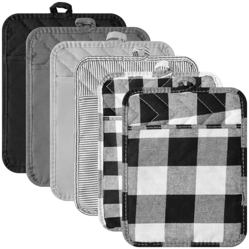 R HORSE 6 Pack Black Gray Check Pot Holders with Pocket, 7''x 9'' | Cotton Plaid Kitchen Potholders, Heat Resistant Oven Mitts, Non-Slip Hot Pads Terry Cloth, Ideal for Cooking, Baking - color: Black Check