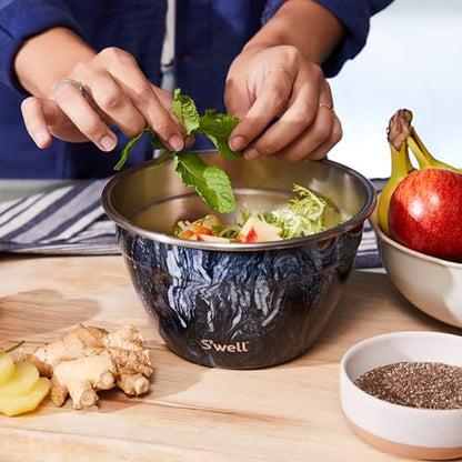 S’well Stainless Steel 64oz Salad Bowl Kit, Azurite Color, Includes 2oz Condiment Container and Removable Tray, Leak-Proof, Easy to Clean, Dishwasher Safe - color: Azurite Marble, size: 64oz