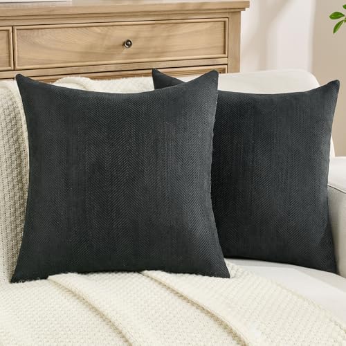 FUTEI Pack of 2 Chenille Throw Pillow Covers 18x18 Inch, Black | Elegant Herringbone Textured Design,Side Hidden Zipper,Machine Washable,Pill-Resistant,Colorfast,Insert Not Included. - color: Black, size: 18" x 18" (Pack of 2)