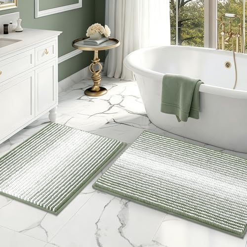 Bathroom Rugs and Mats Sets, 2 Piece Thick Absorbent Chenille Bath Mat Rug Set Non Slip, Soft Bath Room Floor Mats for Bathroom, Machine Washable (20" x 32" Plus 16" x 24",Greyish Green) - color: Greyish Green, size: 20" x 32" Plus 16" x 24"