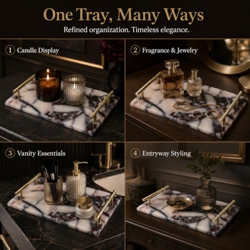 Calacatta Viola Marble Bathroom Tray with Gold Handles, Natural Stone Vanity Organizer for Towels and Essentials (with Handle 30x20cm) - color: With Handle 30x20cm