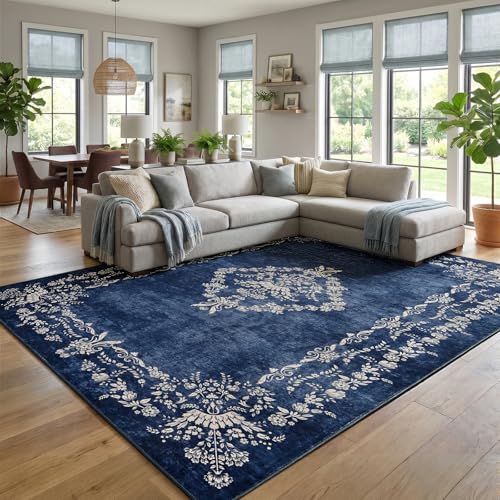 FlyDOIT 8x10 Large Area Rugs for Living Room, Navy Blue | Washable Floral Boho Rug, Non-Slip Soft Indoor Throw Carpet for Bedroom Dining Room Entryway College Dorm Office Decor - color: Navy Blue, size: 8' x 10' (Rectangular)