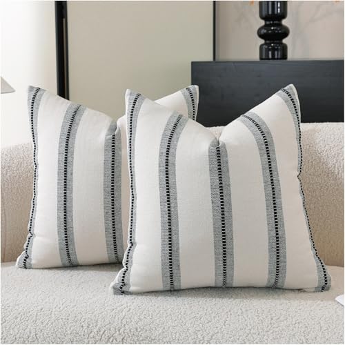 Cethom Boho Throw Pillow Covers 20x20 Set of 2, Beige and Black Striped Decorative Pillow Cases for Couch Chair Bed, Textured Farmhouse Accent Cushion Covers for Living Room Bedroom Sofa Home Decor - color: Black, size: 20" x 20" (Pack of 2)