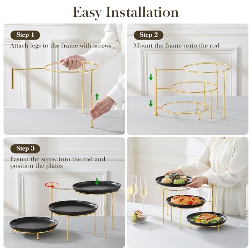 MALACASA Round 3 Tier Serving Tray, 10 Inch Black Porcelain Dessert Stand | Round Black Porcelain Trays with Gold Metal Rack for Cupcakes, Cakes, Fruit and Appetizers, MIcrowave,Dishwasher Safe - color: Black Gold