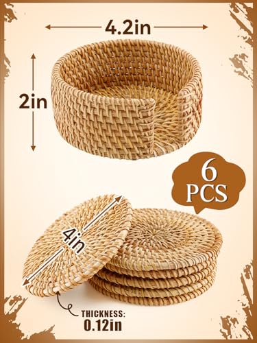 6Pcs Handmade Natural Rattan Coasters Set with Holder, Boho Coastal Decor | Farmhouse Aesthetic Drink Coasters, Home Kitchen Beach Decor, Housewarming Gifts