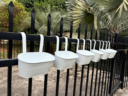 6 Pack 10" Metal Hanging Fence Planter Outdoor with Detachable Hooks, White | Removable hook, Drainage hole, Rustproof, For flowers / herbs / succulents, veggies, For railings / fences / balconies - color: White