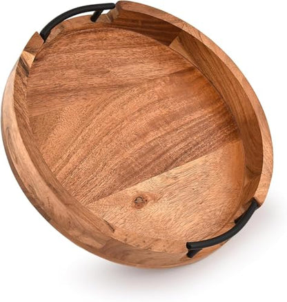 Acacia Wood Tray Round Rustic Farmhouse Wooden Platter for Coffee Table, Ottoman, Drinks, Breakfast with 2 Black Iron Handles (12" X 12" X 1.6")