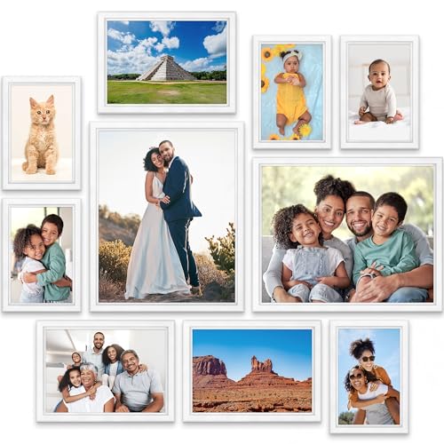 Combination White Picture Frames Set - 10 PC (Five 4x6, Three 5x7, Two 8x10), Classy Contemporary Style, Maestro Collection for Wall Gallery | Icona Bay Mixed Photo Frames - Glass Cover Sheet - Classy Contemporary Style - Wall Gallery, Collage - Table Top