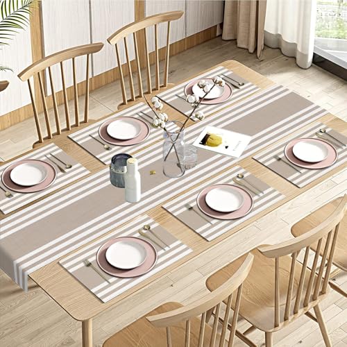 Emvency Table Runner and Placemats Set of 6, Geometric Modern Stripes | Khaki Painting Art Dining Decor for Daily Use(1 Table Runner 72 inches Long and 6 Placemats) - color: Khaki White Stripes