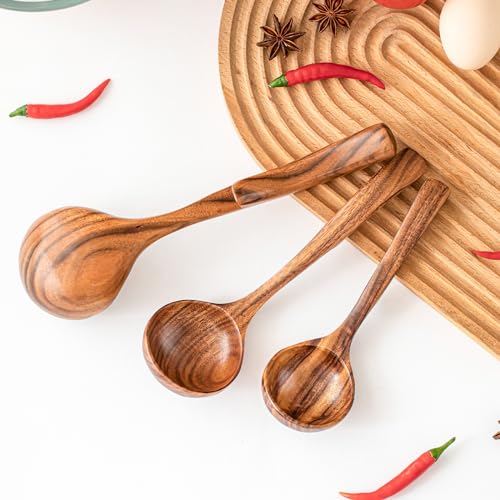 Gudamaye 3 Size Wooden Soup Ladles Set,3 Hooks for Bowl,Pot. Natural Teak Wooden Ladle,10.6 inch Big Soup Ladle, 9 inch Serving Spoon & 8 inch Wood Ladles for Cooking,Teak Deep Ladle Spoons - style: 3 PCS Teak Ladle