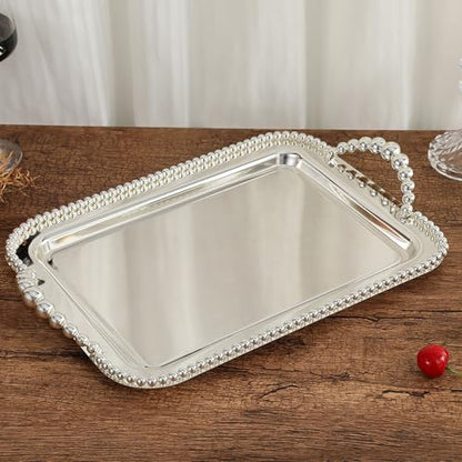Asixxsix Metal Serving Tray, 16.5 x 11.0 inch Rectangular Stainless Steel Food Serving Tray European Retro Style Mirror Coffee Table Dessert Platter for Buffet Wedding Party (Silver) - color: Silver