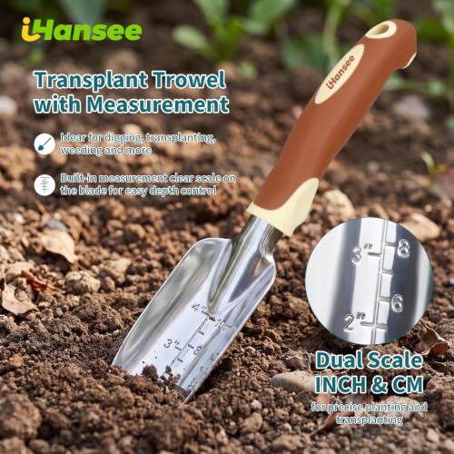 Brown Garden Tool Sets, Aluminum Gardening Hand Tool Kit 4-Piece | Transplant Trowel, Hand Rake, Curved Pruner with Ergonomic Handle, Garden Gloves, Gardening Gift for Men Women Plant Lover - color: brown-4pcs
