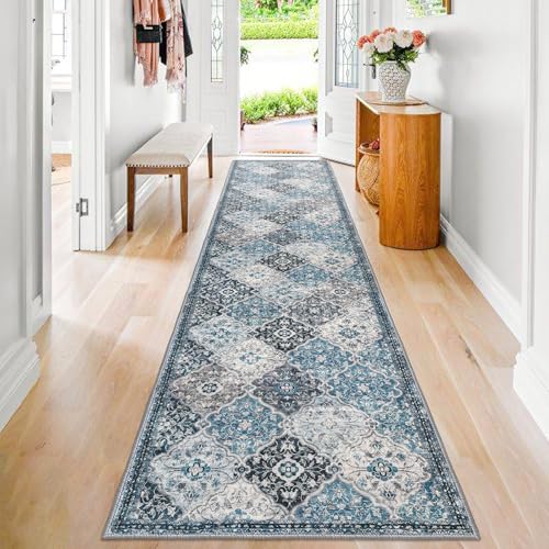 KILOCOCO 2.6x14 Washable Runner Rug, Non Slip Area Rug for Hallway Kitchen | Soft Moroccan Trellis Spill & Stain Resistant Low Pile Carpet for Entryway Office Laundry Bedroom, Easy Clean - color: Blue/Multi, size: 2'7" x 14' (Runner)