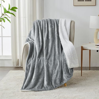 Waffle Sherpa Fleece Throw Blanket, Super Soft Fuzzy Warm, Lightweight Fluffy Reversible Plush Blanket for Bed Sofa Couch, 50 x 60 Inches Grey - color: Grey, size: 50x60 IN