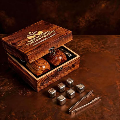 Charred Wooden Bourbon Drinking Glass Set | Premium Whiskey Tumblers with Whiskey Stones, Tongs and Wooden Gift Box, Perfect Gifts for Men, Dad, Boyfriend and Friends