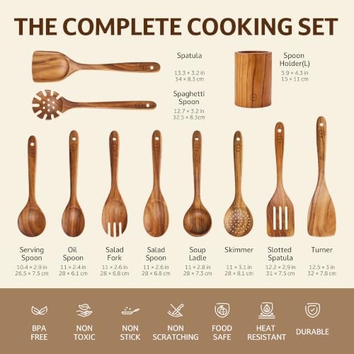 SOOMGYEOL SEOM 11-Piece Teak Wood Cooking Utensil Set with Holder | Natural Teak Wood, Uncoated, 10 Cooking Utensils & Holder, Nonstick Safe - size: 11 PCS Set