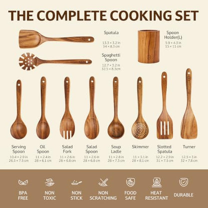 SOOMGYEOL SEOM 11-Piece Teak Wood Cooking Utensil Set with Holder | Natural Teak Wood, Uncoated, 10 Cooking Utensils & Holder, Nonstick Safe - size: 11 PCS Set