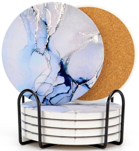 Ceramic Drink Coasters Set of 6 with Holder, Absorbent Coasters with Cork Backing for Coffee Table, Surface Protection, Home Decor and Housewarming Gift (Cloudy Sky) - color: Cloudy Sky