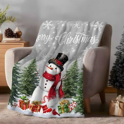 Snowman Merry Christmas Throw Blanket, Gray Winter Super Soft Warm Flannel Blankets for Bed Couch Sofa Socks Presents Xmas Tree Lightweight Fluffy Plush Bed Throws 50x60 Inch - color: Green Gray Red, size: 50''x60''